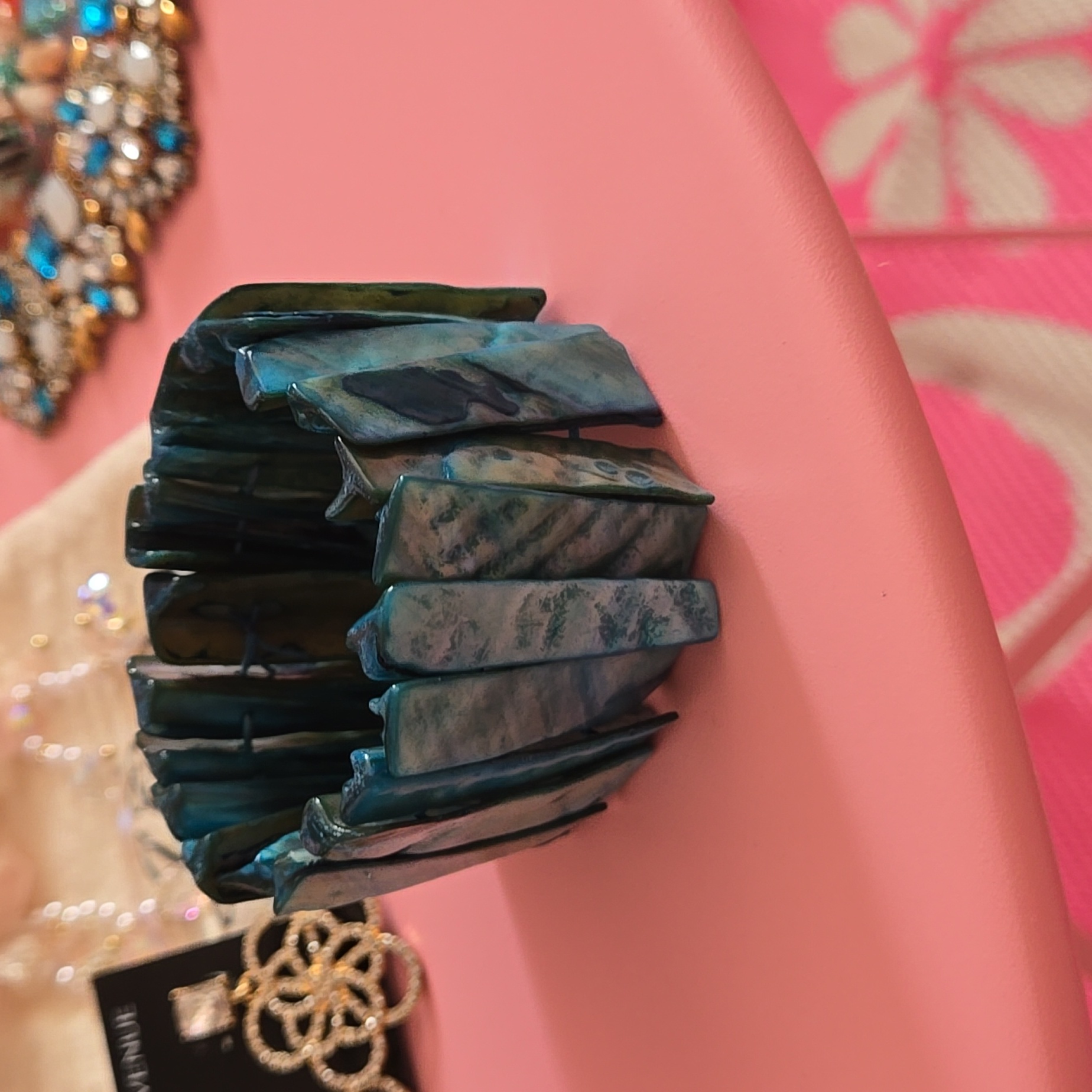 Tahari Blue And Green Abalone Shell Cuff Stretch Bracelet 35$